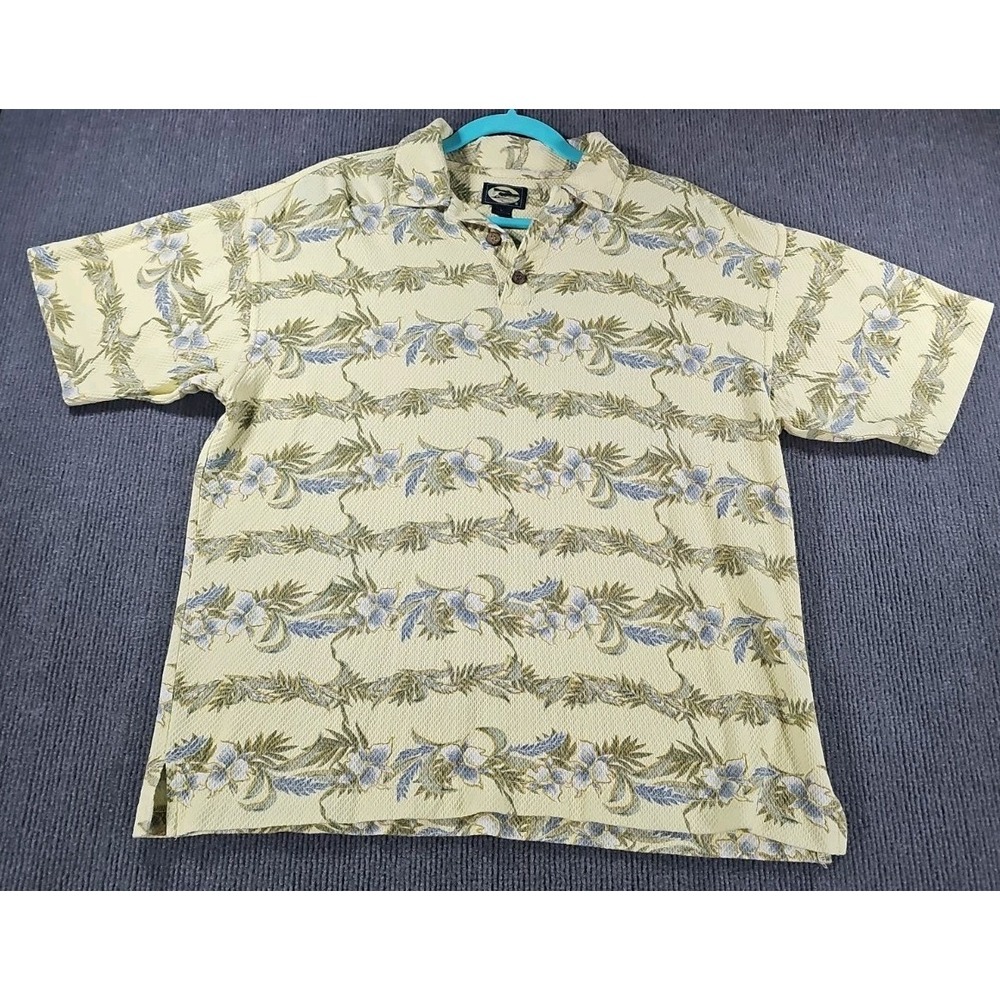 Tommy Bahama Mens Yellow Floral Hawaiian Polo Shirt L Hibiscus Hawaiian Beach